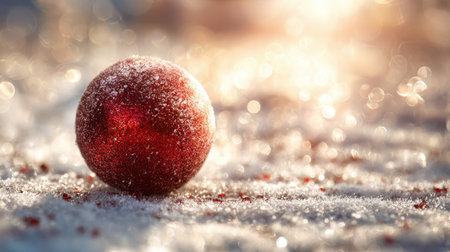 A close-up image of a sparkling red Christmas ornament resting on a snowy surface, illuminated by a warm bokeh background, capturing the essence of winter festivities.の素材