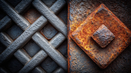 This close-up image showcases two distinct metal surfaces, highlighting rust, intricate patterns, and textures that evoke industrial and artistic themes.の素材