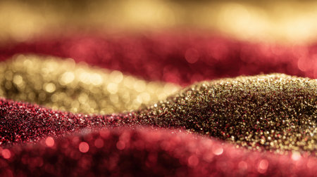 This captivating abstract image showcases a wave-like texture of shimmering gold and red glitter, creating a vibrant and festive atmosphere. Ideal for various creative projects.の素材