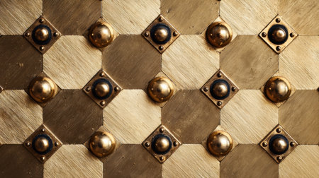 This image showcases a textured metal surface featuring a geometric pattern with decorative studs, creating an elegant visual effect in warm gold tones.の素材