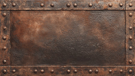 This rustic metal background features intricate rivets and a weathered texture, ideal for industrial-themed projects or artistic designs. Perfect for diverse applications.の素材