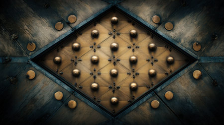 Close-up view of a textured wood panel featuring decorative metallic elements in a geometric diamond shape, highlighting intricate details and craftsmanship.の素材