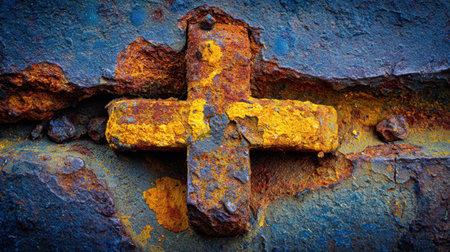This closeup image features a rusty blue and yellow metal cross with a heavily textured surface, showcasing the beauty of aged and weathered materials.の素材