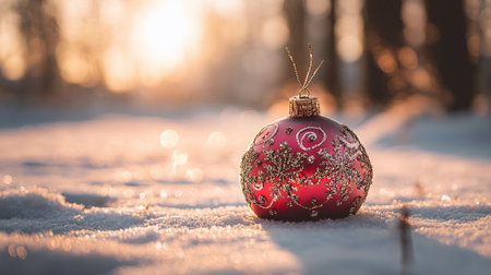 A stunning red ornament with intricate gold swirls rests on a blanket of snow, glowing in the warm light of a beautiful winter sunset, creating a festive atmosphere.の素材