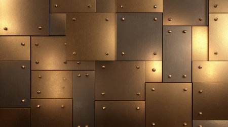 A stunning display of textured metallic wall panels in warm golden and bronze tones, featuring rivets that add an industrial and elegant touch for various design projects.の素材