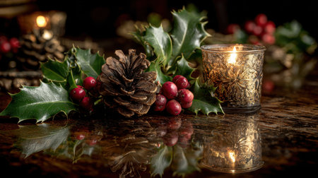 This beautiful Christmas arrangement features holly, pinecone, and red berries beside a flickering candle, creating a warm festive ambiance.の素材