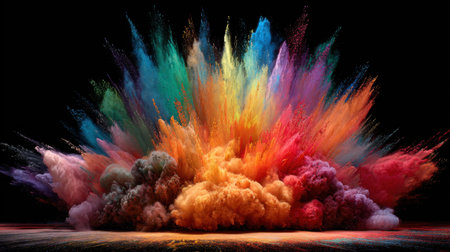 A stunning vibrant explosion of color against a dark backdrop, showcasing dynamic patterns and swirling particles that create an energetic atmosphere.の素材