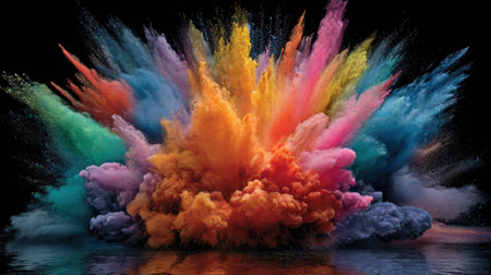 This stunning image captures a vibrant explosion of colored powder, creating a dynamic and energetic scene. Perfect for artistic projects and design.の素材