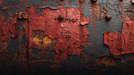 This image captures a weathered metal surface featuring peeling red paint against a dark backdrop. The intricate textures and rusty details create an artistic representation of decay and corrosion, ideal for industrial-themed projects or backgrounds.の素材