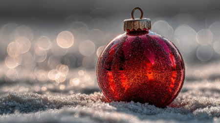 A stunning close-up of a red Christmas ornament resting on fresh snow, featuring a dreamy bokeh background. This warm and festive image captures the essence of the holiday spirit.の素材