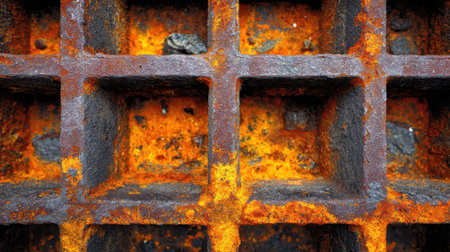 This striking close-up illustrates a weathered metal grate, highlighting vivid orange rust formations and intricate textures that depict decay and time.の素材