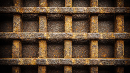This image showcases a detailed close-up of a rusty metal grate, emphasizing the intricate grid pattern and rugged texture, perfect for industrial themes.の素材