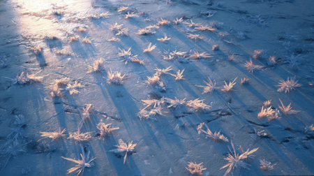 A captivating close-up view of frosted leaves scattered across a frozen surface, beautifully illuminated by soft morning sunlight, creating an enchanting winter scene.の素材