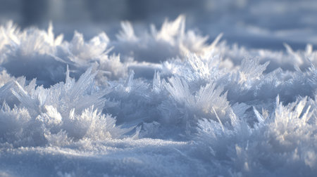 This close-up image captures breathtaking ice crystals that form in a winter landscape, showcasing beautiful patterns and a serene atmosphere.の素材