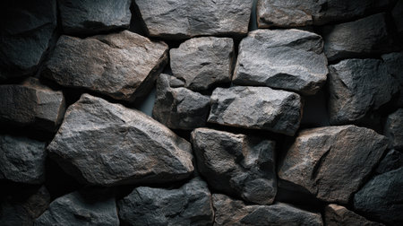 A captivating image of a textured stone wall, featuring an array of natural gray stones in varying shapes and sizes, casting deep shadows.の素材