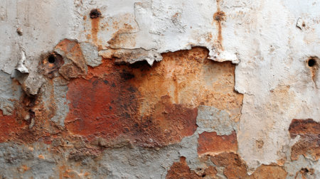 A detailed close-up of a weathered metal surface showcasing rust, flaking paint, and various textures, perfect for industrial or artistic use.の素材
