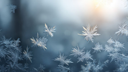 This captivating image showcases exquisite snowflakes drifting gracefully in the cool winter air, illuminated by soft sunlight in the background.の素材