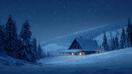 A charming winter cabin nestled in a snowy landscape under a starry night sky. Tall pine trees surround the tranquil scene, creating a serene atmosphere perfect for winter holidays.の素材