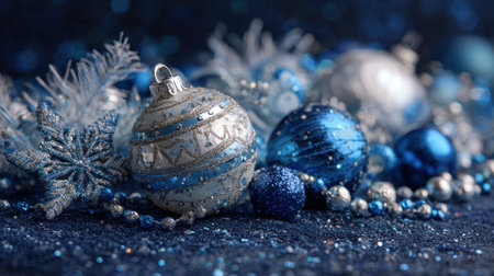 This stunning image showcases a beautiful arrangement of blue and silver Christmas ornaments and decor, set against a glittering background, perfect for holiday themes.の素材