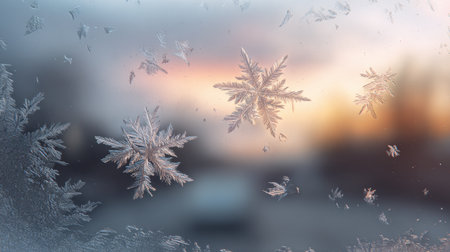 Beautiful close-up of intricate snowflakes forming on a glass surface, enhancing the tranquil winter atmosphere against a sunset backdrop.の素材