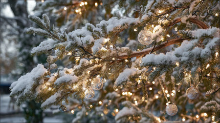 Captivating winter scene featuring snow-covered branches adorned with Christmas lights and ornaments, creating a magical and festive atmosphere for the holidays.の素材