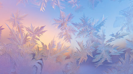 This captivating image showcases intricate frost patterns on a window with soft pastel colors of dawn, creating a serene and enchanting winter atmosphere.の素材