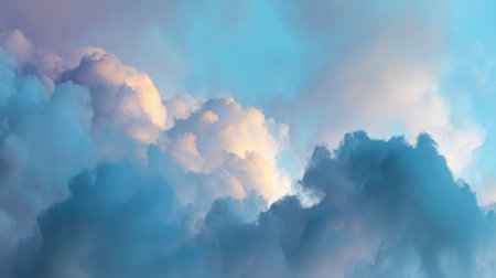 A stunning view of soft and ethereal clouds illuminated by the warm hues of sunset. This tranquil sky scene captures the beauty of nature's artistry.の素材