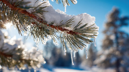 This stunning winter image captures a close-up view of glistening ice crystals hanging from a snow-covered evergreen pine branch against a bright blue sky, revealing the beauty of nature in the cold season.の素材