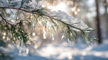 A close-up view of a frosty pine branch adorned with snow, illuminated by soft morning sunlight. The serene winter landscape captures the beauty of nature.の素材