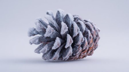 A detailed close-up of a frosted pine cone set against a light background, perfect for capturing the essence of winter and seasonal decor themes.の素材