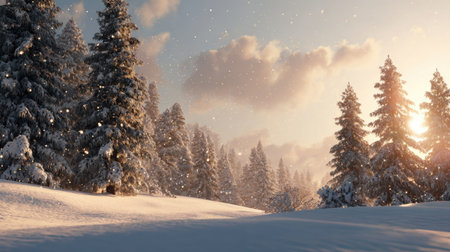 Experience the beauty of a serene winter landscape featuring snow-covered pine trees illuminated by warm sunset light, creating a peaceful atmosphere.の素材