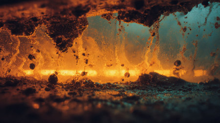 This abstract image showcases underwater textures with bubbles and a warm orange glow blending with cool blue hues, perfect for artistic backgrounds.の素材