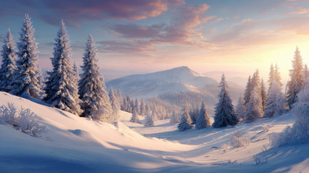 Captivating winter landscape featuring snow-laden pine trees with majestic mountains in the background, illuminated by a colorful sunset sky.の素材