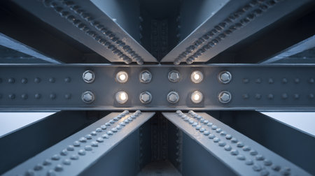 An intricate view from beneath a steel bridge, highlighting the structural details, rivets, and soft lighting. Ideal for industrial design and architecture themes.の素材