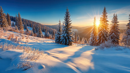 A breathtaking winter landscape showcases snow-covered trees surrounded by serene mountain scenery at sunrise, highlighting the beauty of nature in cold weather.の素材