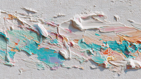 This abstract artwork features vibrant strokes of color layered on a textured canvas, showcasing a creative artistic expression with thick paint application.の素材