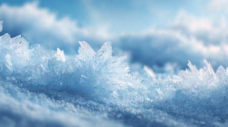 This captivating image showcases delicate ice crystals forming on a snowy surface, illuminated by a soft, bright winter sky. Perfect for winter-themed projects.の素材