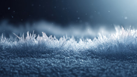 A beautiful close-up view of frost covered ground, showcasing intricate ice crystals sparkling under soft, natural light in a serene winter setting.の素材
