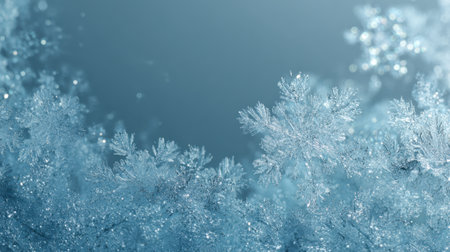 A captivating image showcasing intricate frost-covered snowflakes against a soft blue winter background. The delicate patterns sparkle with light, creating an enchanting winter atmosphere.の素材