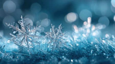 This captivating image features intricate snowflake patterns resting on a frosty surface, enhanced by a soft blue bokeh background, evoking winter's serene beauty.の素材