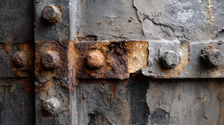 This image showcases a detailed close-up of a rusty industrial metal surface featuring corroded bolts and intricate textures, highlighting age and decay.の素材