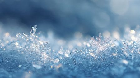 This stunning macro image showcases delicate snowflakes resting on a clear ice surface, enhanced by a soft blue bokeh background and sparkling light effects.の素材