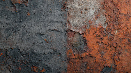 This image showcases a detailed view of textured rusty metal featuring peeling paint and rough surfaces, ideal for industrial and abstract concept designs.の素材