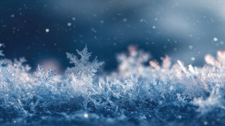 This captivating close-up image features delicate snowflakes resting on a frosty surface, showcasing intricate patterns against a soft blue backdrop. Ideal for winter-themed projects.の素材