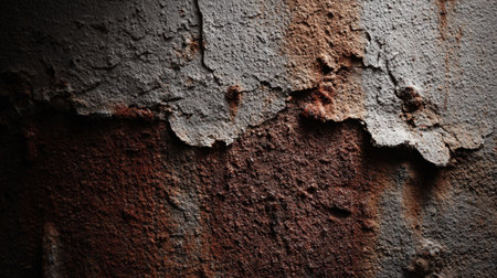 Close-up image showcasing the intricate details of a weathered metal surface featuring rust, peeling paint, and an aged textureの素材