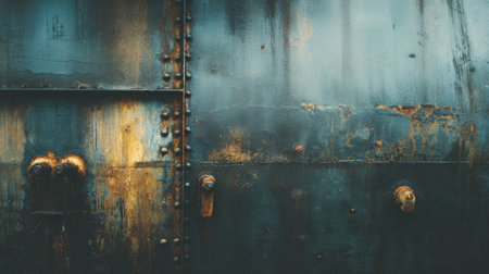 This detailed image features a rustic metal surface with a blend of blue tones, rust, and intricate textures, perfect for adding character to various design projects.の素材