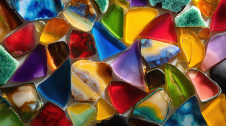 A stunning close-up of polished gemstone fragments displaying a vibrant array of colors and shapes. Ideal for art, design, and decoration projects.の素材