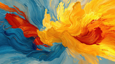 This stunning abstract painting features vibrant hues of blue, yellow, and red, creating an energetic and dynamic visual experience ideal for various artistic projects.の素材