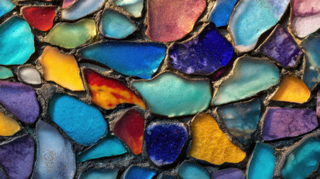 This image showcases a colorful mosaic pattern featuring an array of vibrant stones in various shapes and sizes. The artistic arrangement highlights intricate textures and rich hues, making it perfect for decorative purposes or as a backdrop for creative projects.の素材