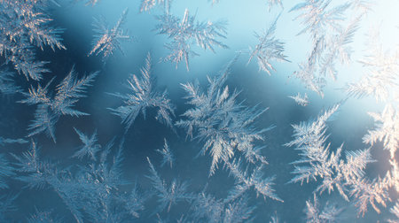 This striking image showcases intricate frost patterns on a window, illustrating the delicate beauty of winter's chill and nature's artistry.の素材
